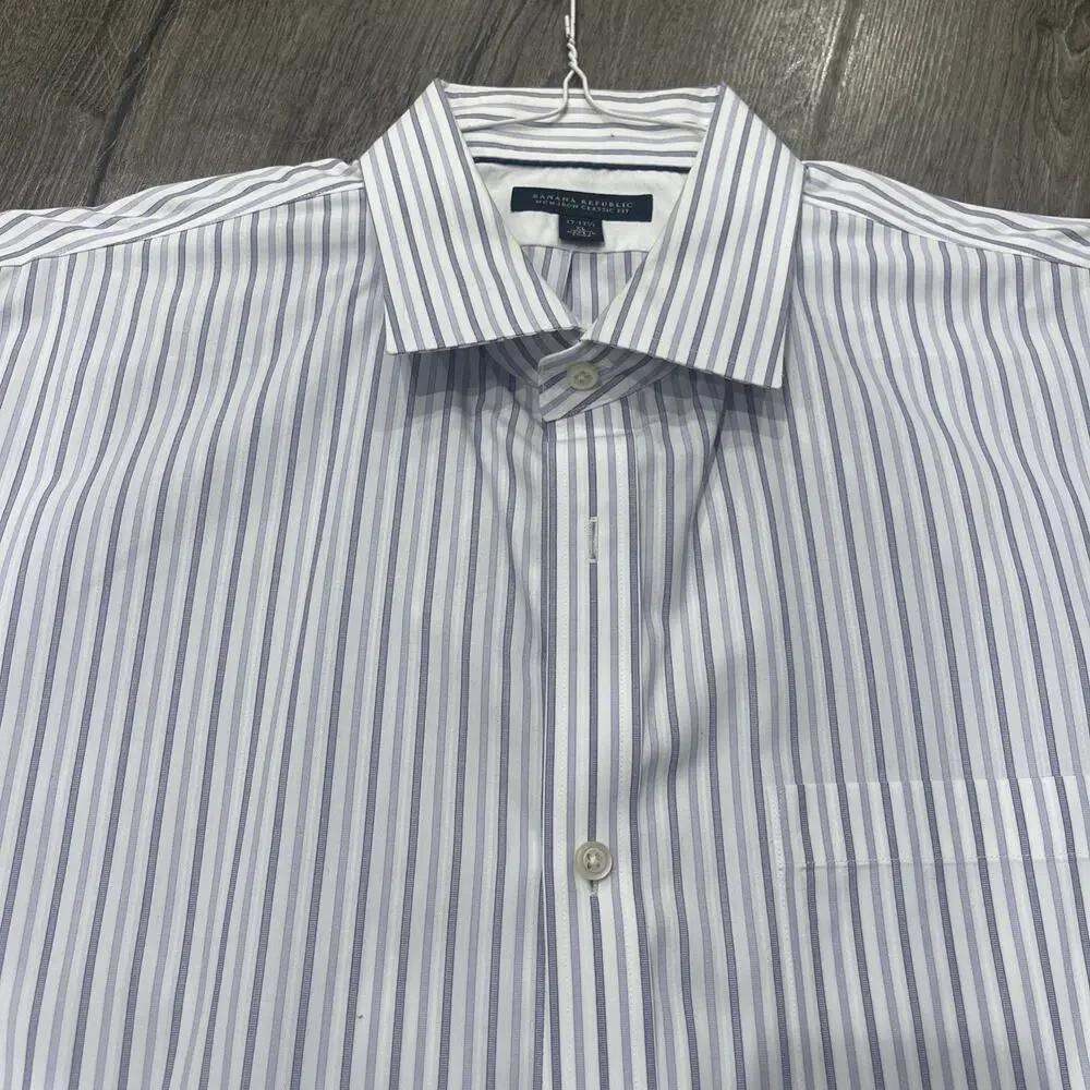 Banana Republic Mens Shirt 17-17.5 XL Button Down Striped White/Purple Collar